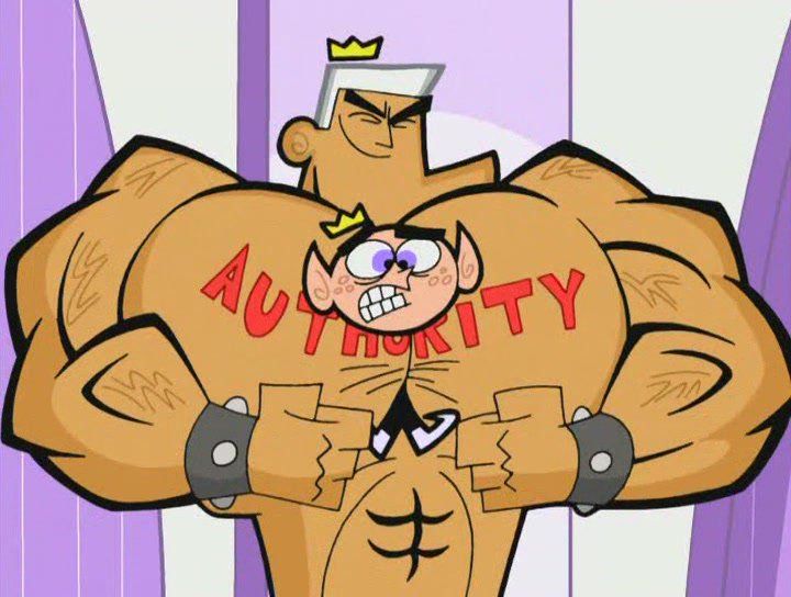 A shirtless Jorgan squeezing Binky between his flexing pectorals, which have "Authority" written across them.