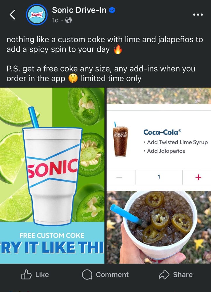 Sonic ad advertising a coke with twisted lime syrup and jalapeños 