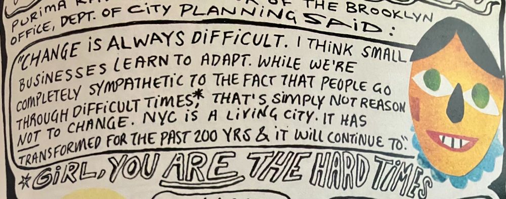 zine excerpt, which is handwritten, with a green-eyed femme face on the right 