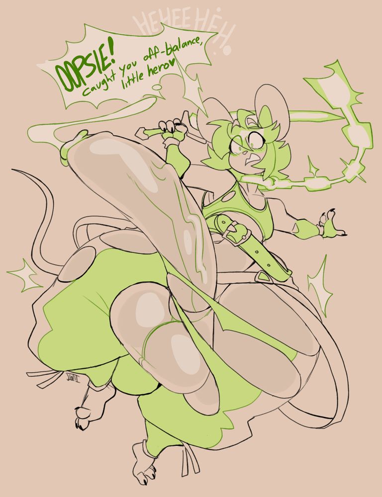 Salem, a twink mouse, looking shocked and blushing with an energy collar snapping around his neck, while his pants burst open, making his cock, hips, and ass fully decompress to hyper sizes. Text from off screen reads, "Oopsie! Caught you off-balance, little hero~."