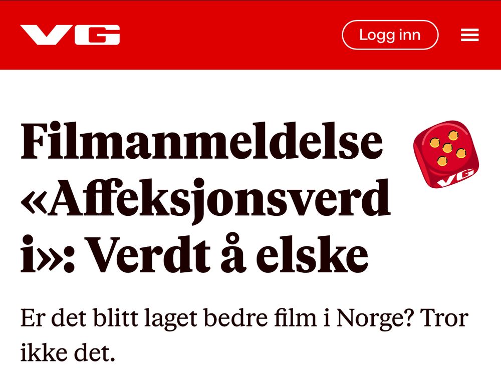 Skjermbilde av VGs anmeldelse av filmen "Affeksjonsverdi" med masse skryt og terningkast fem. 
