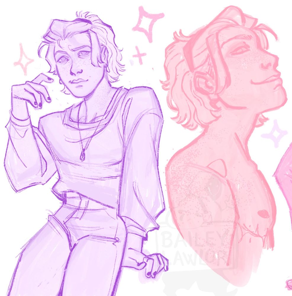 A half body character sketch next to a bust sketch of the same character. 