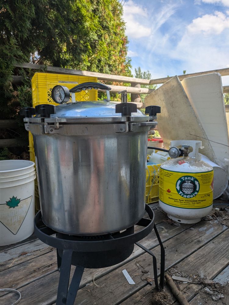 A big 18-jar canner outdoors on a propane ring, gathering pressure