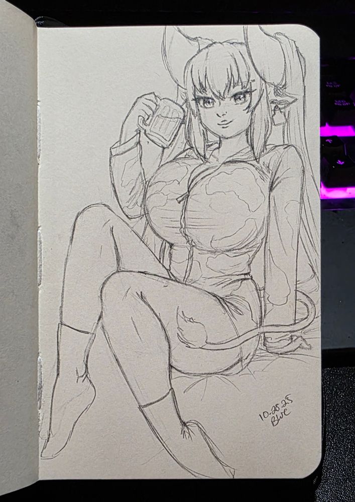 A sketch of Ember Ushi, a cow vtuber with massive milkers. Ember is lounging on... something.... in a cow onesie that is barely containing her chest, while looking at the viewer and smiling. Ember is also holding a mug of beer (or maybe it's the mead Ember made with Deo?)