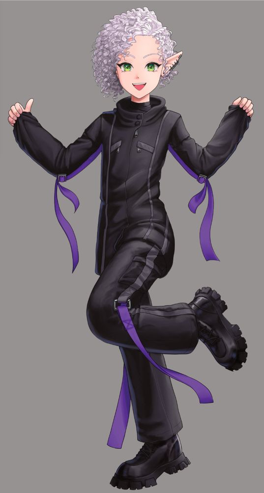 An illustration of my mascot in yoya_yogurt’s art style. My mascot is balancing on one leg, the other bent and raised, and the torso twisting as I face the camera. Both arms are raised and the hands are clutching the ends of the sleeves of the tunic shirt thing. The outfit is techwear adjacent with mostly black, small grey stripes, and purple straps.
