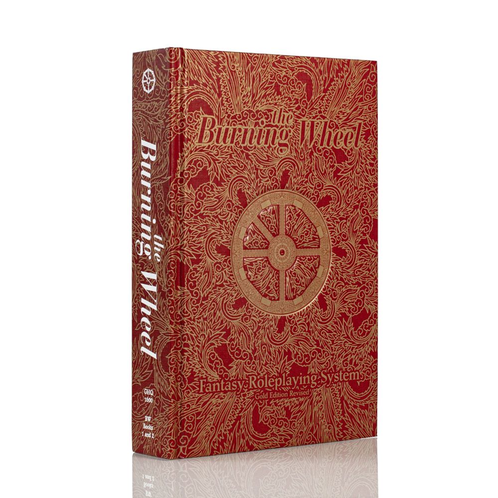 an image of the Burning Wheel Gold Revised book, which is red and gold, and features the wheel on it's cover.
