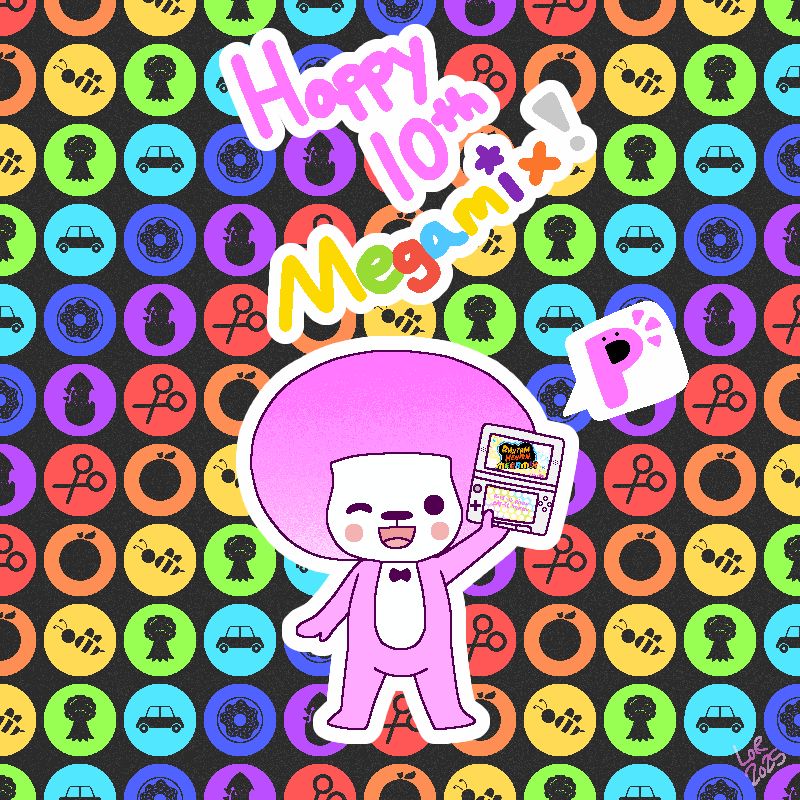 A small doodle of Tibby from Rhythm Heaven Megamix holding a white Nintendo 3ds. The screen has a very small version of the Megamix title screen on it. There's a little speech bubble with the perfect p in it, and the writing "Happy 10th Megamix!" is above Tibby. The background is a rainbow of circles featuring each of the themes of the non-medley remixes. 