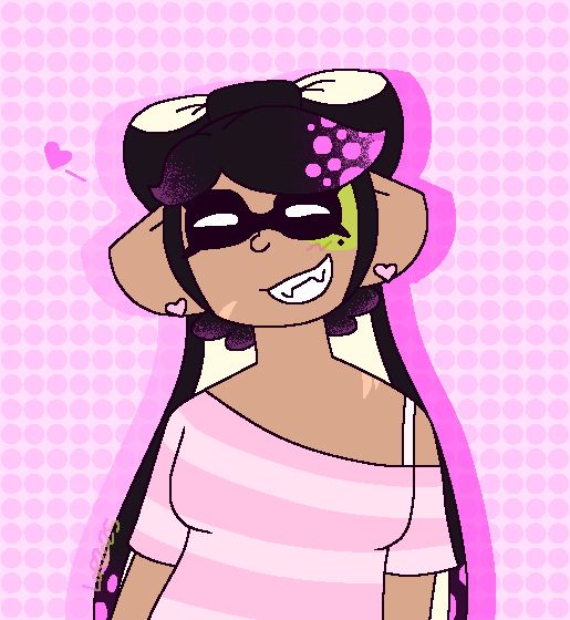 A halfbody drawing of Callie from Splatoon. She is wearing a flowy shirt with one of the sleeves hanging a lot lower than the other and heart earrings. She is grinning. The background is pink dots.