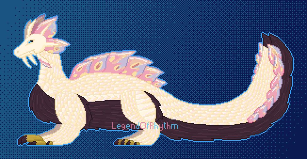 Pixel art of the monster Mizutsune from the Monster Hunter franchise. He is on a blue dithered background and has a lighter blue outline around him. 