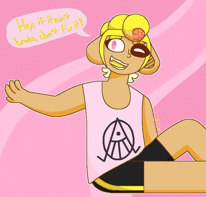 A drawing of my oc Ryan sitting partially out of the frame. He is saying "Hey, if it ain't broke, don't fix it!"