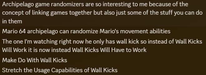 A screenshot of five discord messages joking about randomizers and Mario 64, they say: 