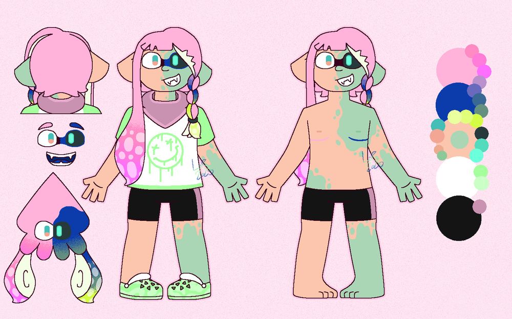 A ref sheet based off of the original blender render I was given. It features the character in their main outfit, what the back of their hair looks like, a separate reference for their eyes and mouth, and their swim form. Everything is the same except the outfit is tweaked so that the shirt is easier to draw, the bandana has less patterning, and the crocs have been tone-switched to match the shirt. There is also an extra version of the design without the shirt, bandana, or shoes to show off sanitation and surgery scarring.