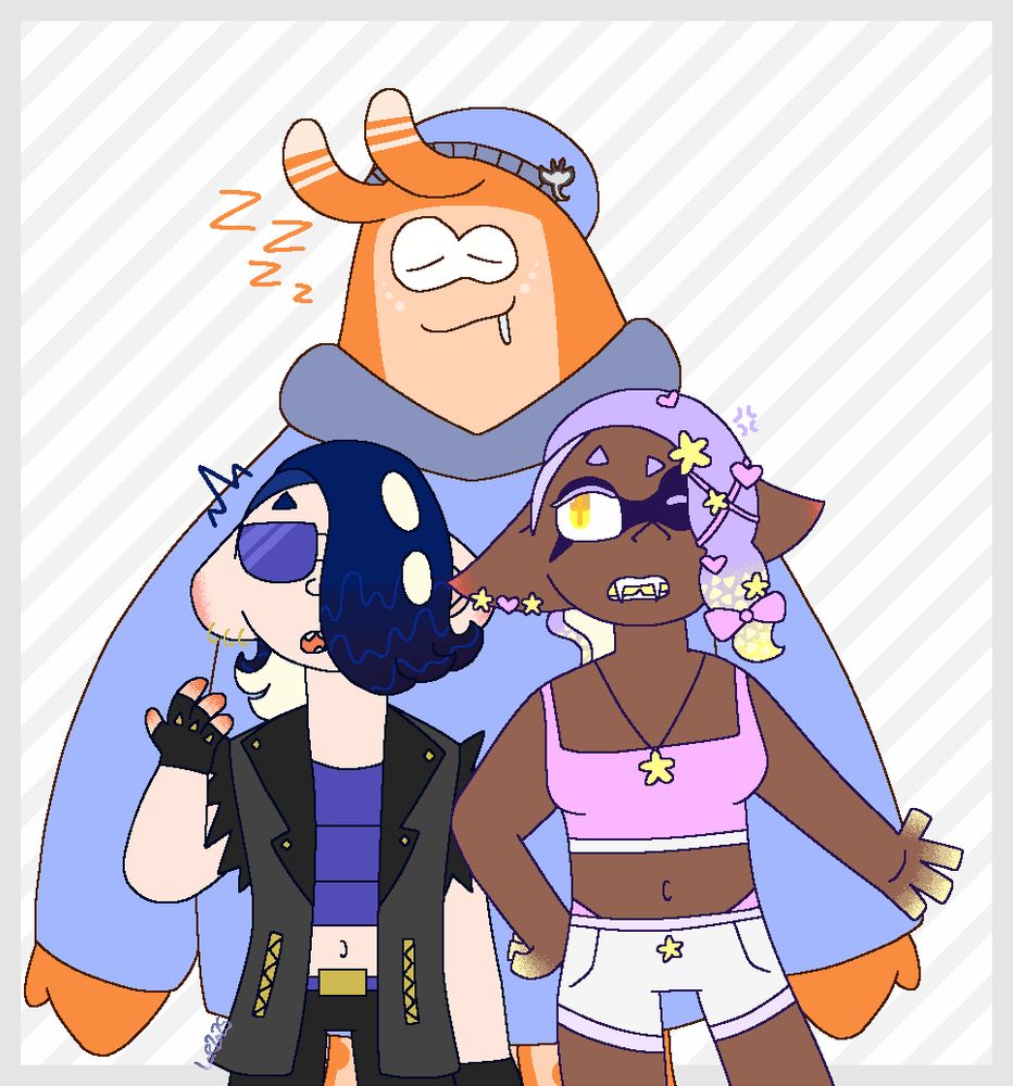 Art of Deep Cut in custom outfits for a custom outfit splatfest. Shiver is wearing a leather jacket with ripped sleeves, spiked fingerless gloves, gold ring earrings and aviators, and they look surprised. Frye is wearing a cropped tank top, star necklace, and high waisted shorts, her hairtie is now a bow, her earrings are hearts and stars and the same hearts and stars are scattered through her hair. She looks irritated. Big man is wearing a beanie with a manta clip on it and a big sweatshirt, and he is sleeping. The background is white with gray stripes and a gray border.