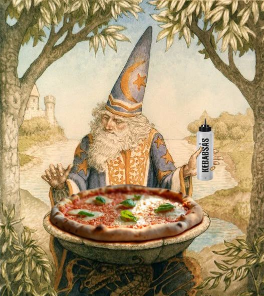 A wizard making his pizza magic using a bottle of kebab sauce