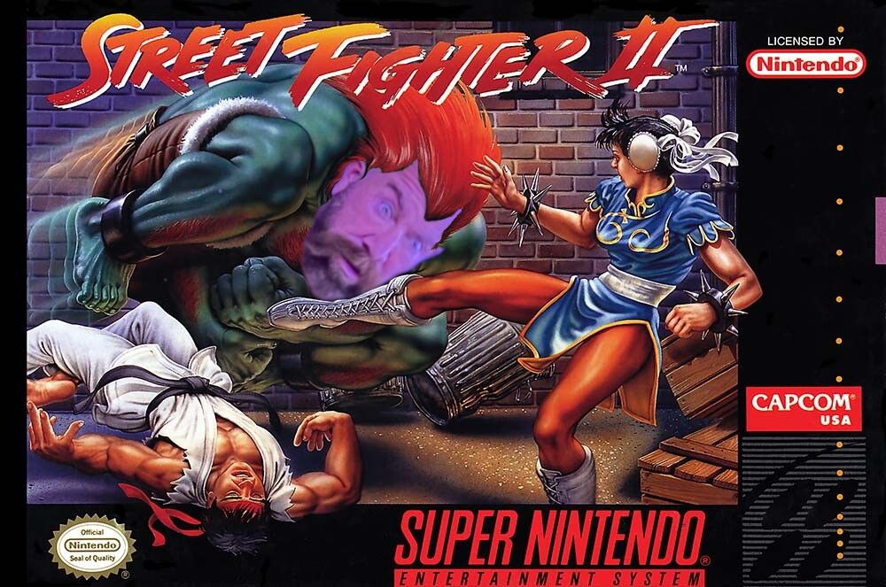 SNES Street Fighter 2 box art men Blankas ansikte är jan emanuels