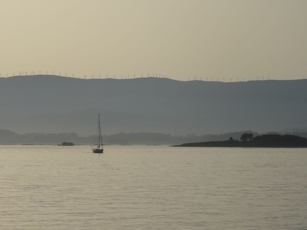 Foto con luz del atardecer donde en el fondo se ve la linea del horizonte sobre la que se distingue la sombra de un monton de aerogeneradores, a la derecha un islote y a la izquierda un barco velero