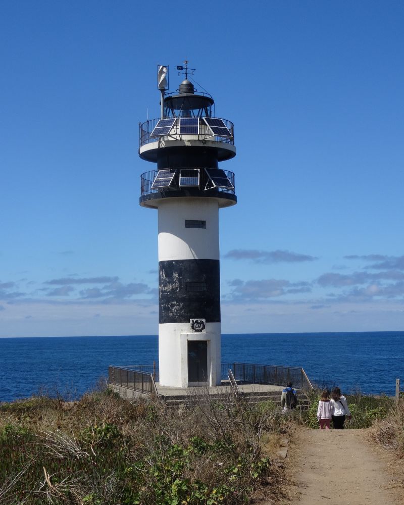 Faro pintado con dos rallas blancas y una azul en el centro con un camino de tierra hacia el y el mar de fondo 