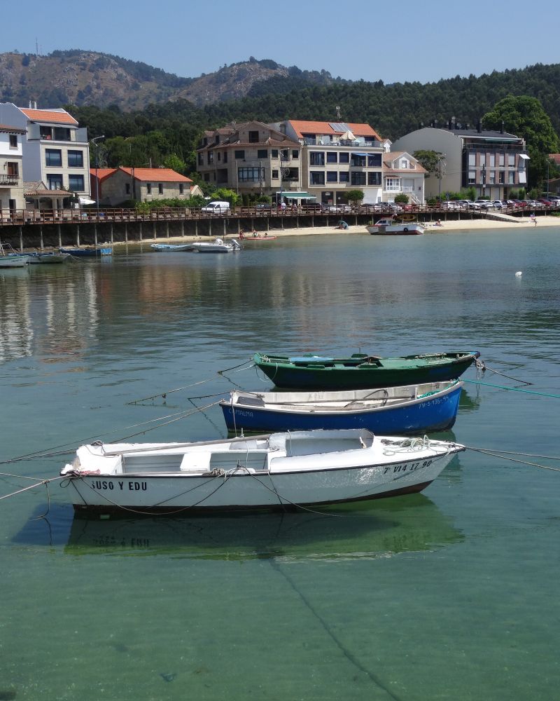 Barcos de pesca en primer plano, con playa y edificios en segundo plano