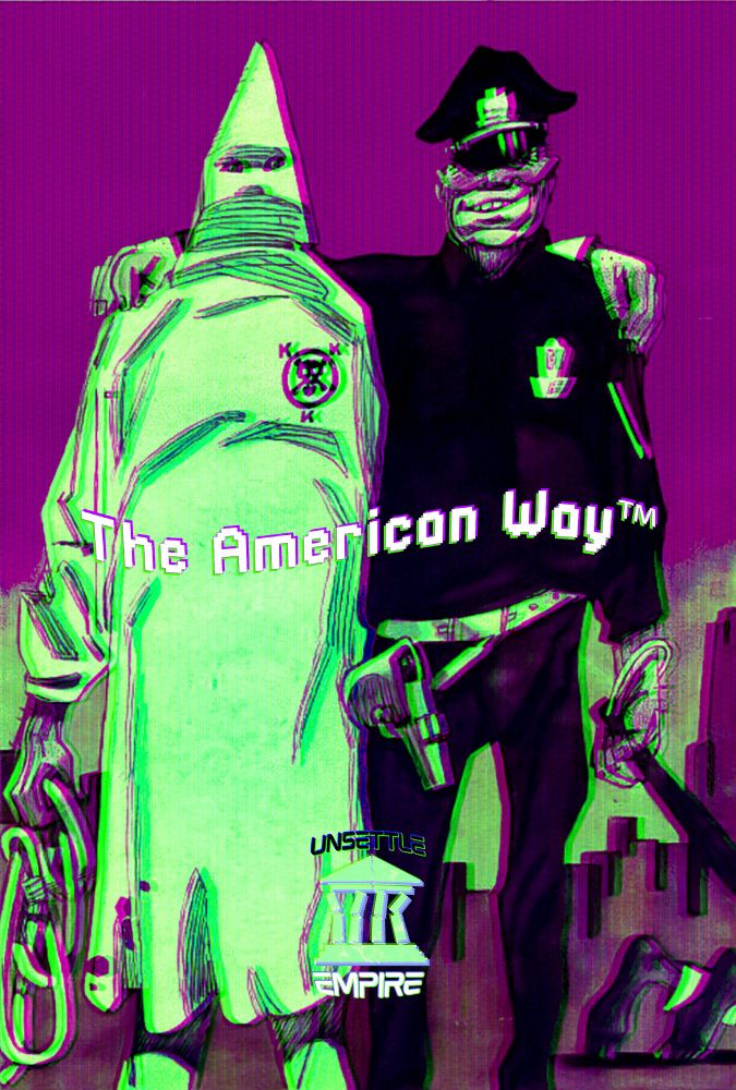 A cop hugging a Klan member with the caption "The American Way™"