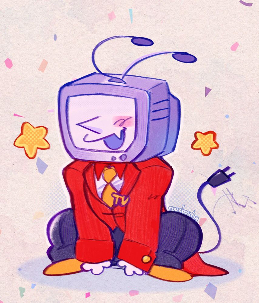 tenna, a character from deltarune with a CRT head, sits in a manner reminiscent to a puppy. he is drawn in a cutesy, textured art style that makes him look very playful. he sits on a confetti paper background with two bright yellow stars on either side of him