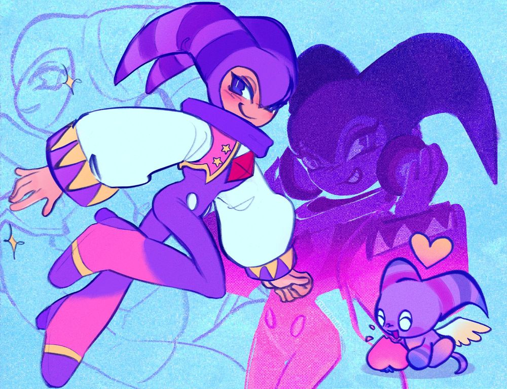 a compilation of sketches featuring the character NiGHTS from NiGHTS into dreams. the color palette features cold blue tones paired with dreamy purples: an image of NiGHTS with one leg kicked up as they fly is the centerpiece while two other sketches remain in the background, one purely linework of NiGHTS flying away and the other a twilight-gradient of NiGHTS wearing headphones. in the bottom right corner a NiGHTS chao happily chows down on a peach-like fruit.