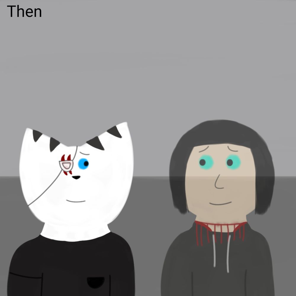 Drawing of Minea and Millie looking lovingly at each other. There is a text saying "Then" above them in the left corner