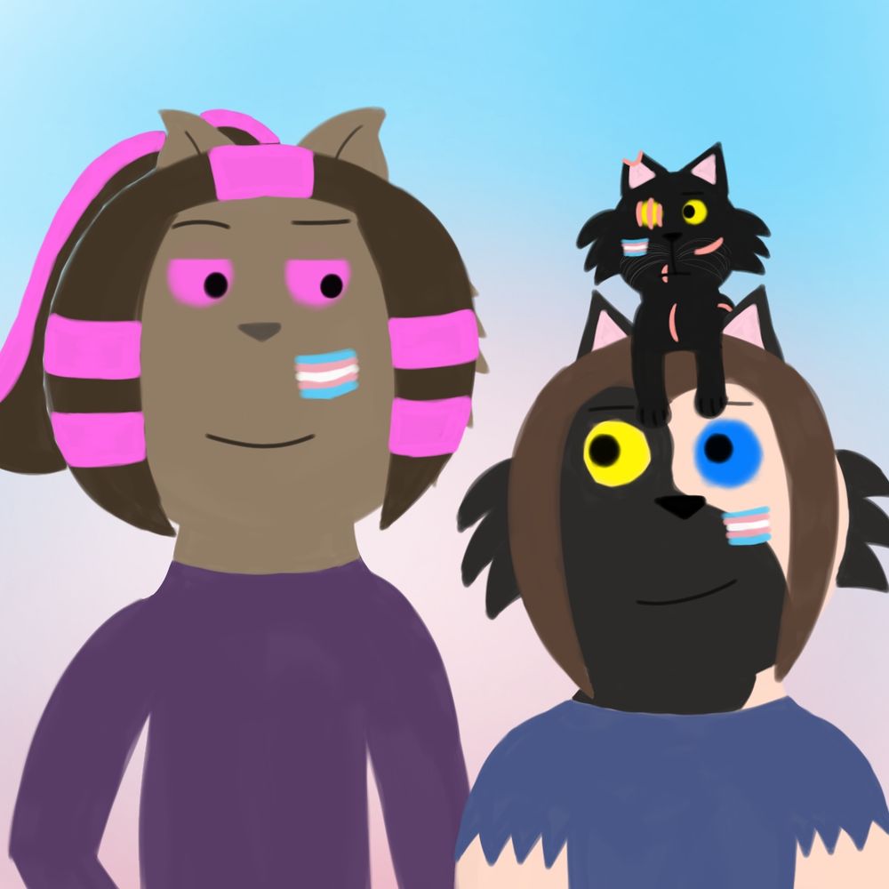 Drawing of Nova and Cinder looking at each other with a smile and Alice is looking at Nova with a neutral expression. They all have trans flags on their cheeks and the background is in trans flag's colors