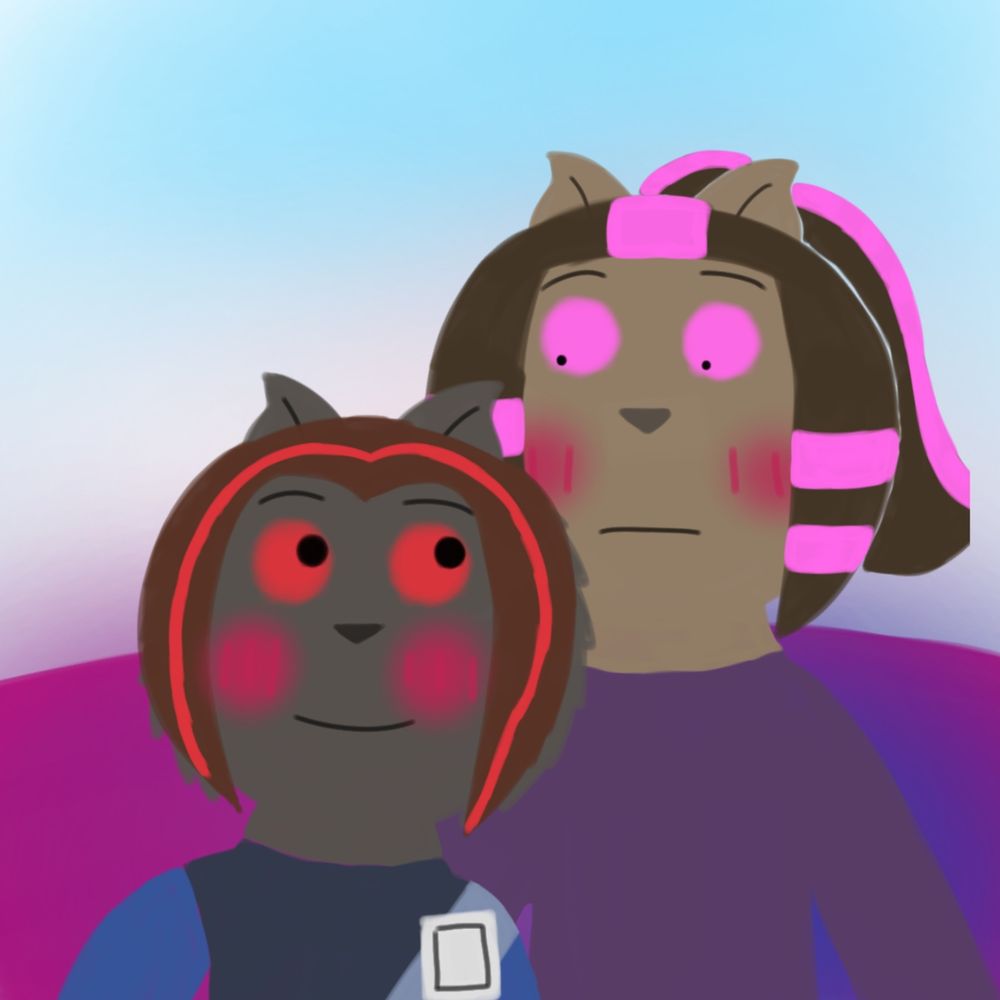 Drawing of Owen leaning on Nova and looking at her with a smile while blushing and Nova looks at Owen surprised while blushing as well. The sky is in trans flag's colors while the ground is in bi flag's colors