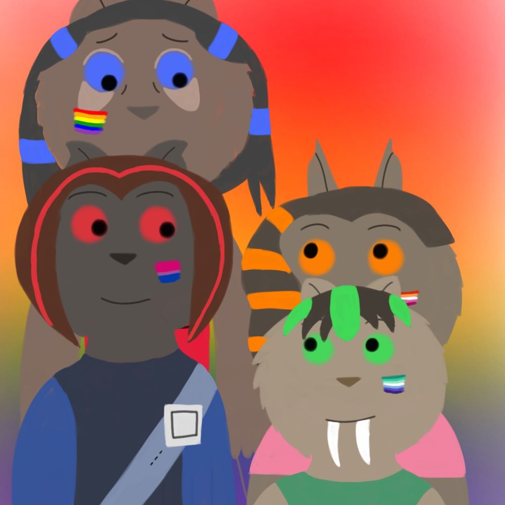 Drawing of Owen and Ryden looking at each other with a smile. Grace is looking at Rose while Rose is looking at Owen and Ryden lovingly. They all have pride flags painted in their cheeks which are bi flag for Owen, gay flag for Ryden, lesbian flag for Grace and rainbow flag for Rose. The background is in rainbow flag's colors