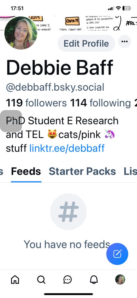 Screen shot of profile screen showing Feeds section with greyed out hashtag symbol