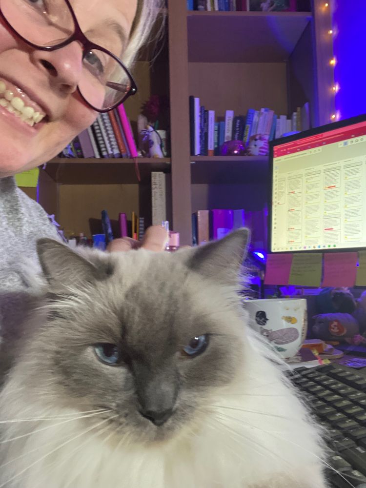 A big fluffy white and grey cat and its human sitting at a computer with a rather large mug of coffee in the background in a home office 