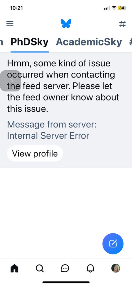 internal server error message about the PhDSky feed that says to let the feed owner know