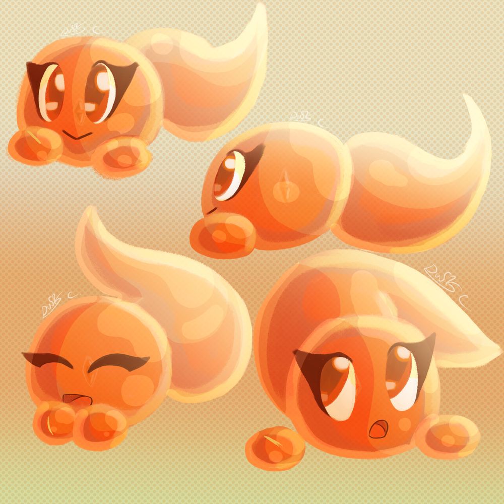 Mango a small orange ball of slime with a yellow crystal core, and thick tail the size of its body. Drawn in 4 different poses and expressions.