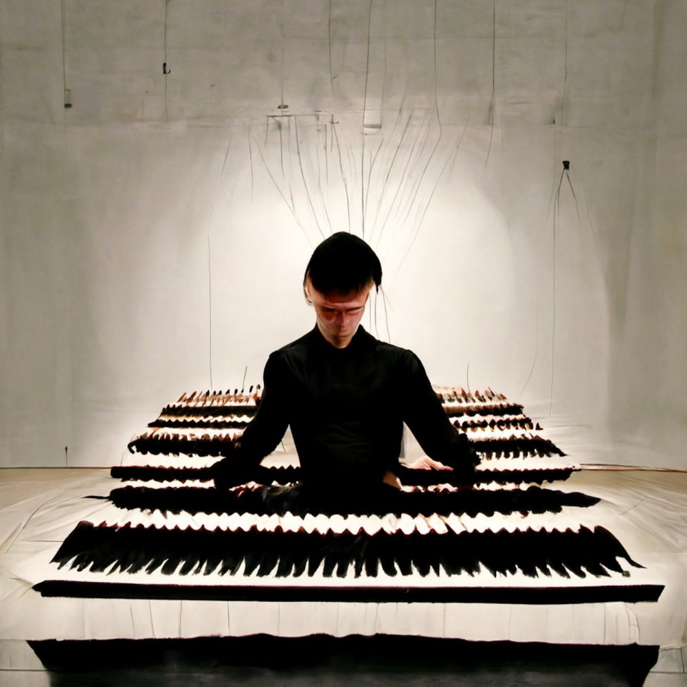 Picture of a person surrounded by musical keyboards.