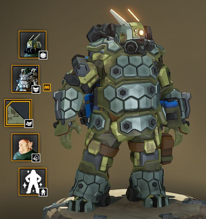 A complete view of the same armored figure, with the same full body olive green armor with more gray hexagon plating placed in groups around their body. The armor gives them a rather round, almost ball-like shape. They kinda look like a big metal golf ball tbh but the aforementioned helmet makes them look like a kind of futuristic robot beetle