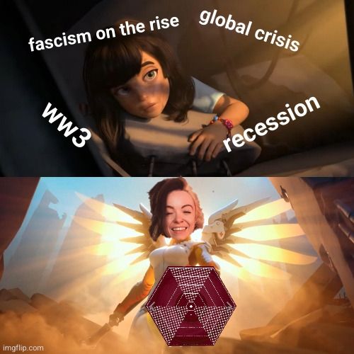 girl half buried under rubble surrounded by "fascism on the rise", "ww3", "recession", "global crisis"

chipzel as mercy offering the super hexagon reissue vinyl EP