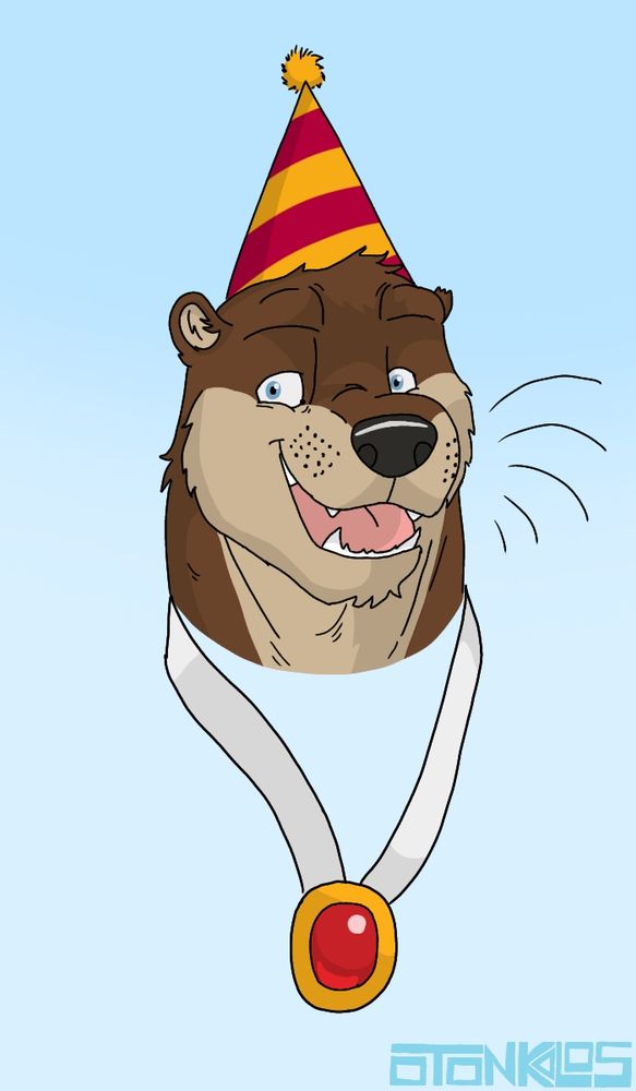 In a headshot, Tem, an anthropomorphc otter, wears a golden medal with a red gem, a party hat and smiles widely against a light blue background.