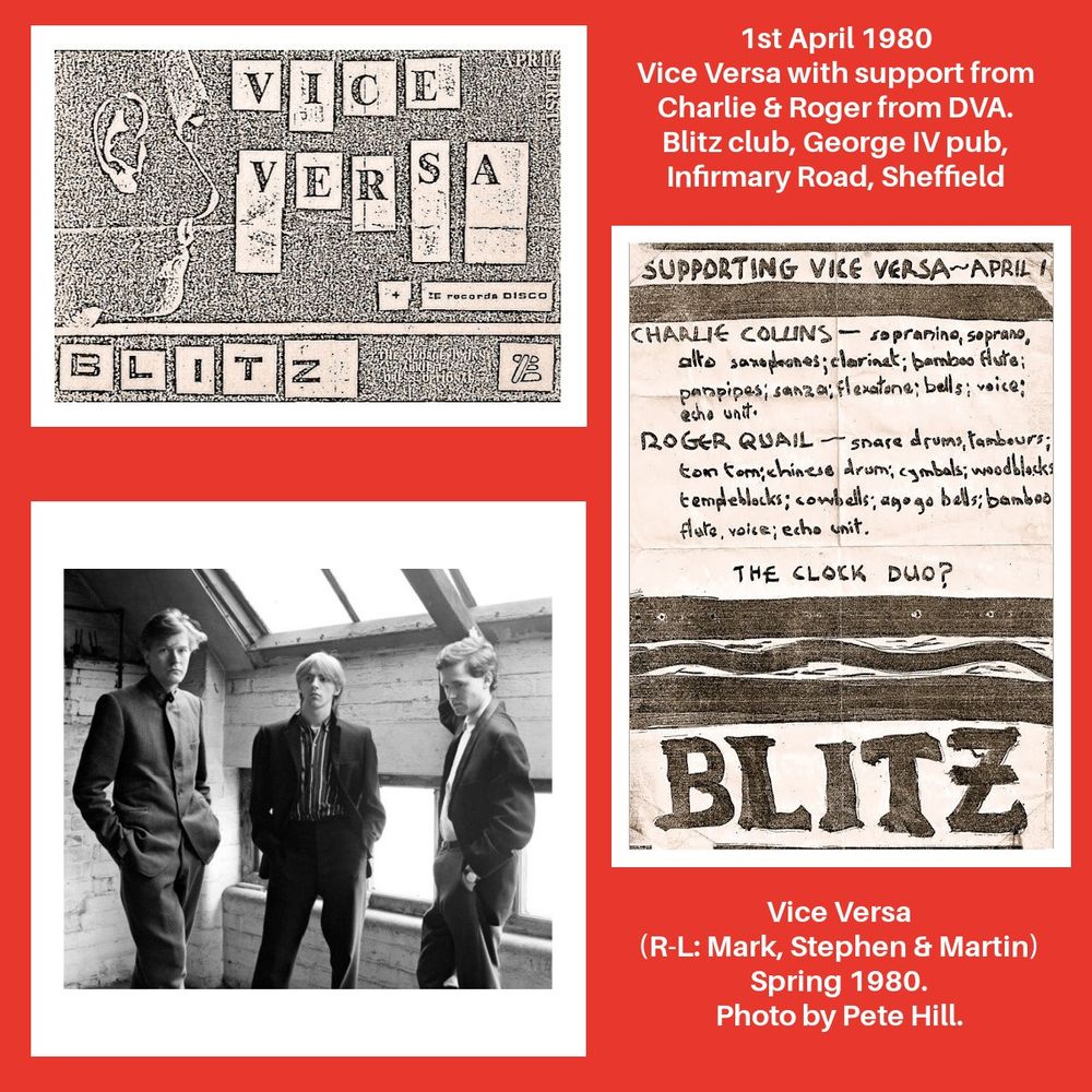 A collage of gig ticket, concert flyer and Vice Versa band portrait (shot by Pete Hill) for a gig in Sheffield on 1st April 1980. Vice Versa went on to become ABC. 