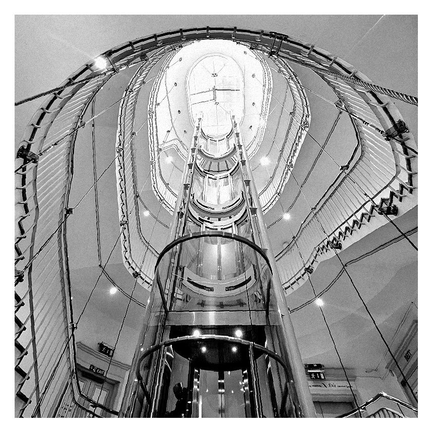 Inside the National Gallery of Ireland, this transparent lift runs in the inside of the building. Photo by me. 