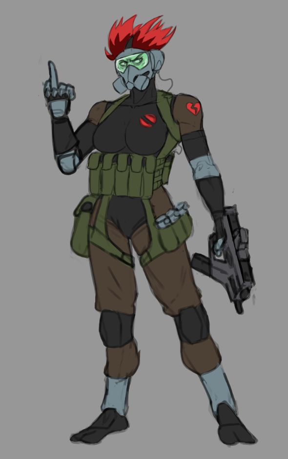 woman with red hair swept up and parted by the strap of a gasmask of sorts, she's wearing a bodysuit that is tight everywhere aside from a section of looser chaps on her legs, plus some tactical web gear. There's an emblem of a broken heart on her shoulder. She's flipping the bird with one hand and holding a machine pistol loosely based on the kriss vector in the other hand.