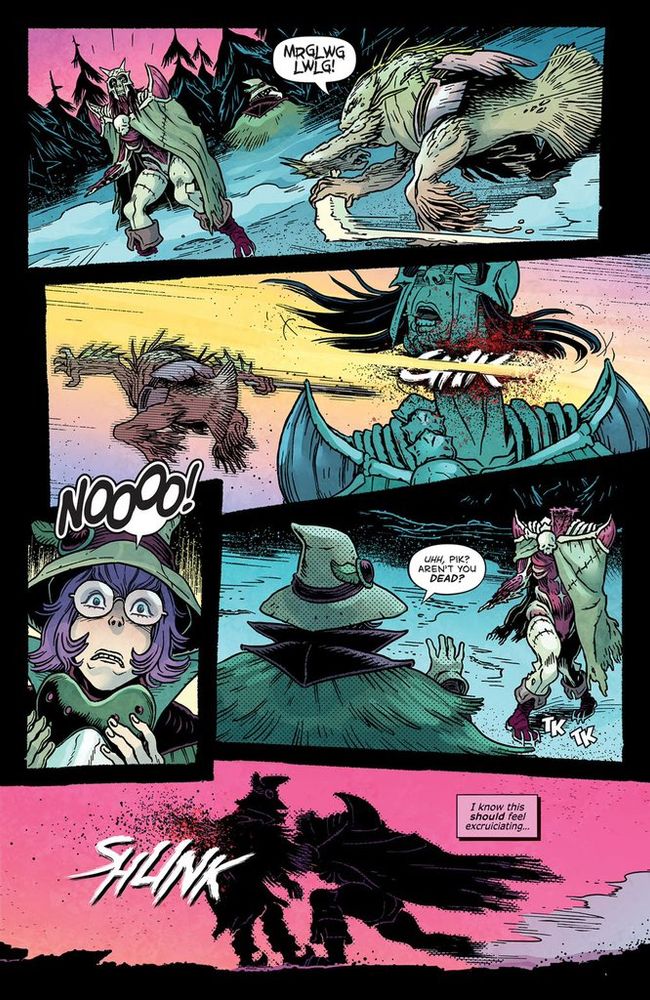 A scene from the Nightmare Cemetery game. Pik gets his head lopped off. Birdie reacts in horror. Only for the shambling, headless corpse to impale her. Art by Daniel Irizarri. Colours by Brittany Peer.