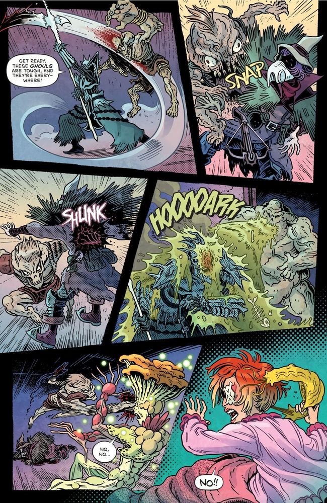 A scene from Nightmare Cemetery. The kids are attacked by shambling ghouls. By the end of the page, it's too much for Enid. She springs awake - ripping her dreamwave console from her ears. Art by Daniel Irizarri. Colours by Brittany Peer.