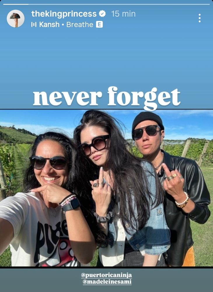 A selfie from ruibo's insta story of madeleine, ruibo and vico from ofmd season 2 filming times with the caption "never forget"