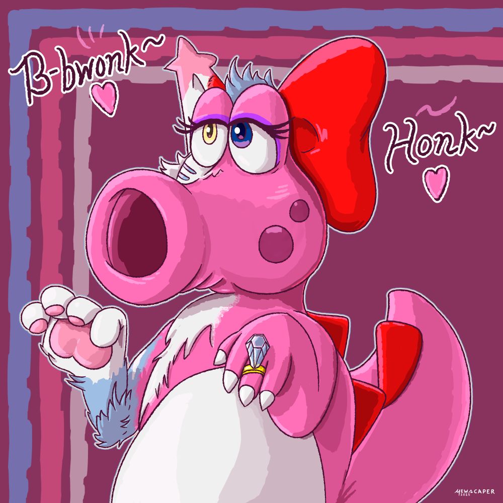 A portrait of a pastel-colored fluffy anthropomorphic cat named Mewey transforming into the pink feminine Nintendo dinosaur character, Birdo. She wears a glimmering ring, which may or may not be the cause of the transformation~ She blurts out of her conical mouth a happy "B-bwonk~ <3 Honk~ <3"

#TFTuesday #Transfur #Transformation #Birdo
