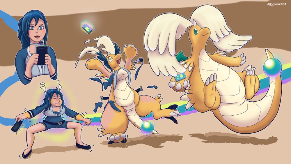 A four-part art sequence of a human transforming into the angelic, dragon-like Pokemon, Mega Dragonite.

"Mega Dragonite TF? Click here?? Yes, please!!"

Part 1: A human (named Mellanie / Melly) stylized from Pokemon GO is holding up her cell phone, and seem enamored by something she sees on the screen. The screen glows colors of yellow, blue, and purple.

Part 2: Mellanie squat / crouches exaggeratedly, eyes closed and grinning. She begins to glow colors of yellow, blue, and purple. He body gains odd bloats and bulges, and parts of her skin patches Dragonite-orange.

Part 3: Ta-da! She jumps! She tosses her phone into the air, and bursts features of Mega Dragonite... stomach, thighs, wings on her head, handpaws and footpaws; a long tail with an orb speared at the tip, containing the colors of yellow, blue, and purple from before. Her clothes explode into strands of fabric.

Part 4: Now fully a Mega Dragonite hovering in the air, she holds her tossed cell phone in one handpaw. It reads "TF" with a green check mark.