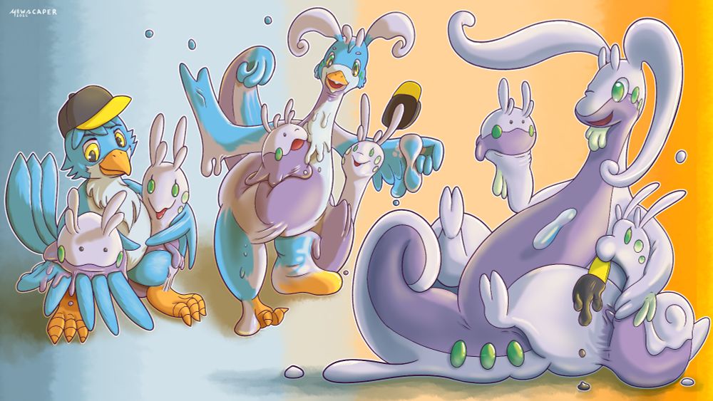 A three-part comic sequence of a cartoonish blue songbird wearing a black-and-yellow ball cap (named Goldeneye) transforming into the large goopy drake-like pear-shaped Pokémon, named Goodra. Goldeneye is happily being transformed with the help of pre-evolved Goomy and Sliggoo, gooping and melting his feathers and features into the Goodra. By the third part, Goo'ldeneye is fully transformed, and his hat is melting away.

#TF #Transformation #TFTuesday #Pokemon #Goodra #Bird