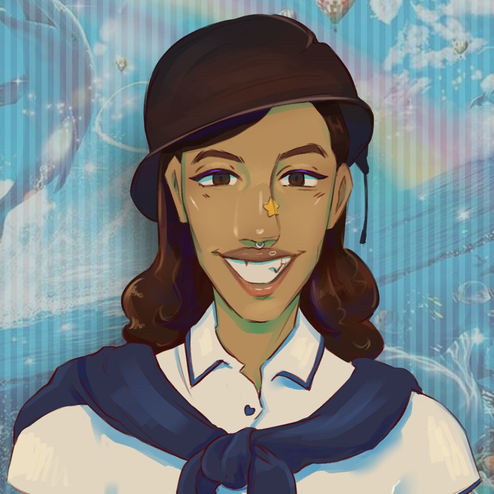 My oc Mathias smiling for the camera. It's a redraw of the meme with the thousand-yard-stare soldier image where he's been edited to have a big smile and dolphins and rainbows in the background. His sweater is tied around his shoulders and he has a Starface pimple patch on his nose. 
