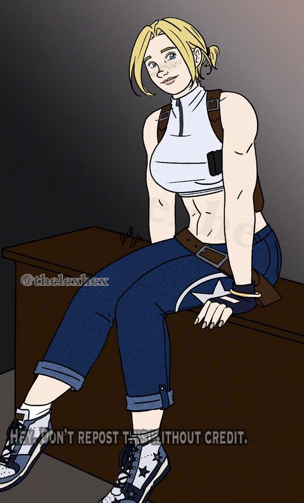 Blue Mary from Fatal Fury and KOF wearing denim capris, a white crop top, and some other stuff and stuff, including a pair of star sneakers. Because why not. Illustrated by thelexhex/illyrilex