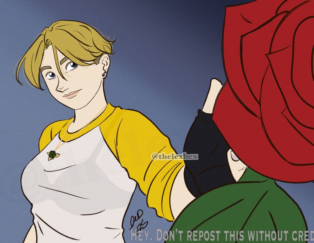 Once again. A redraw of King’s KOFXV win screen where she’s throwing a rose toward the viewer. She’s wearing a yellow and white baseball shirt with rolled up sleeves that is so faded that her black bra is visible through it. Her hair is messy, she has bags under her eyes, and her nail polish is chipped. Depression is a hell of a drug.