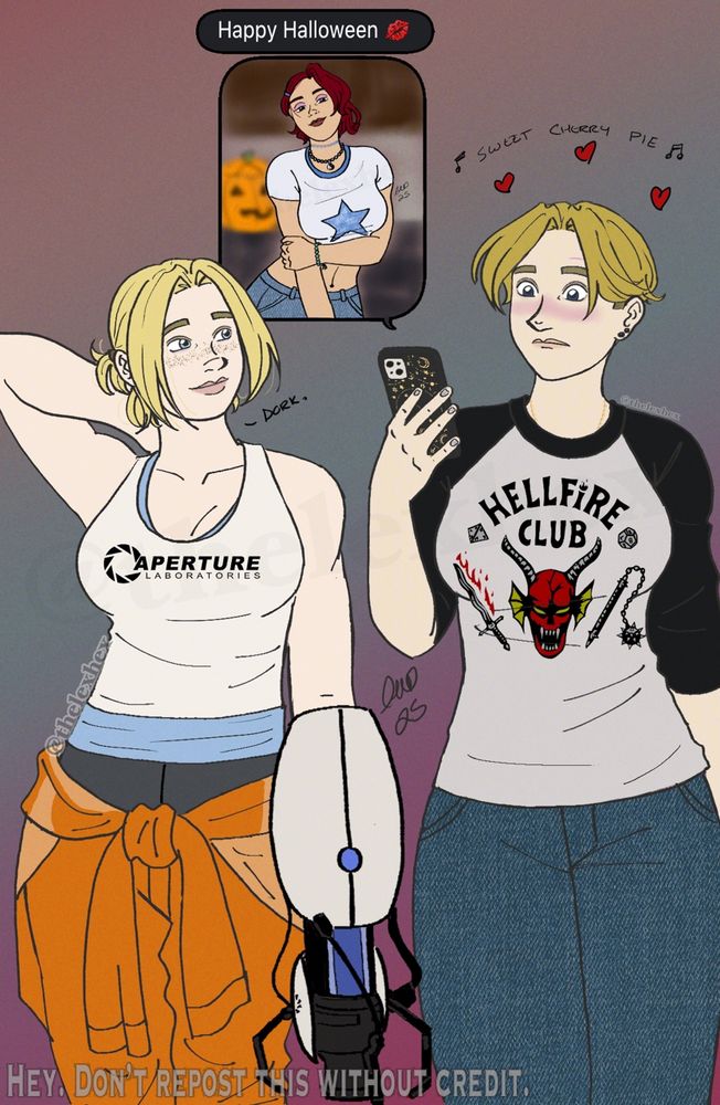 Blue Mary and King from KOF dressed as Chell from Portal and a Hellfire Club member (Stranger Things) respectively. King is receiving a text message from Vanessa, that says "Happy Halloween 💋" followed by a photograph of her dressed up as someone from the 90s. Also, there are hearts over King's head, along with the phrase "Sweet cherry pie" surrounded by music notes. Mary, meanwhile, is calling her a dork. 
